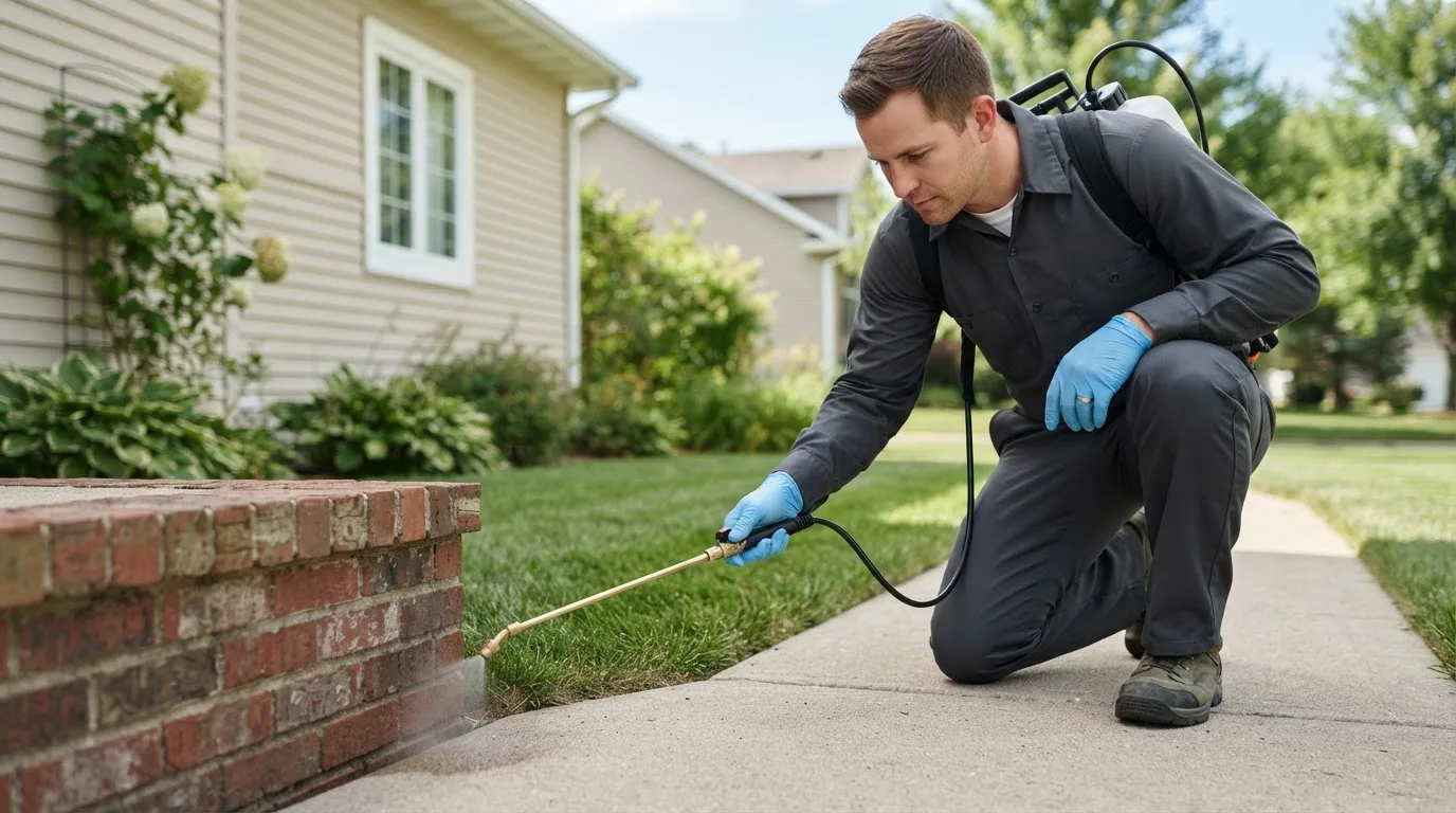 Pest control technician treating a home near Loman, MN